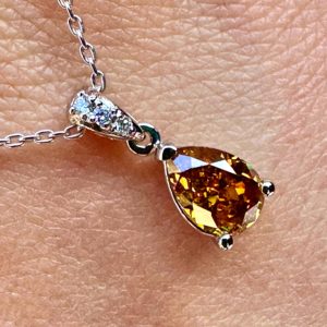 18K White Gold Necklace with 1.08 ct Natural Fancy Vivid Yellowish Brownish Orange SI2 Diamond Pendant & VVS Diamonds, ALGT Certified | Fine Jewelry